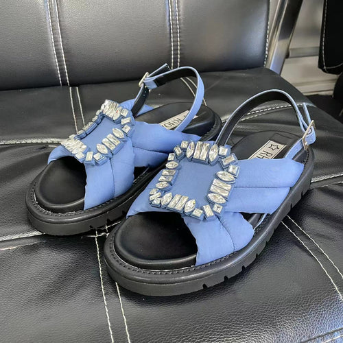 Casual Rhinestone Square Buckle Flat Sandals