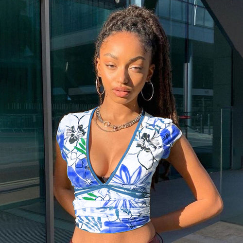 Retro Print Short V-neck Tie Short-sleeved Blouse Women