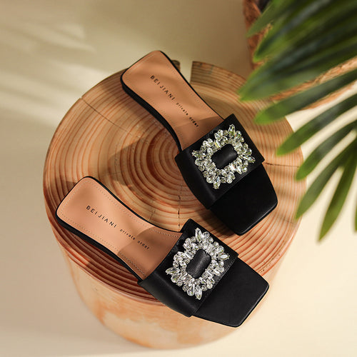 Rhinestone Square Buckle Flat Sandals