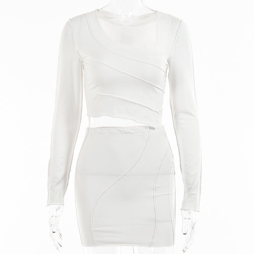 Hollow Pleated Sexy Long-sleeved Tight-fitting Irregular Two-piece Short Skirt