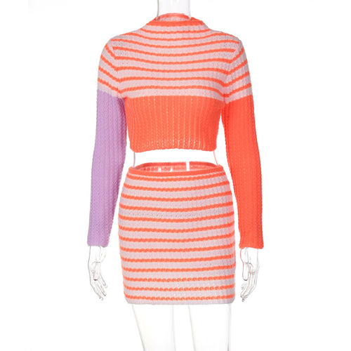 Long Sleeve Striped Sweater Short Skirt