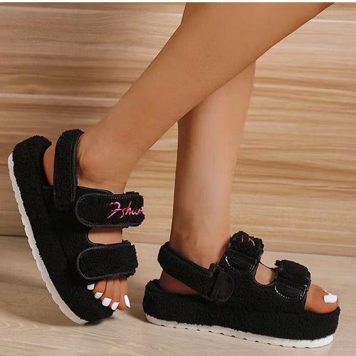 Women's Fashion Simple A Word Thick Bottom Hairy Sandals