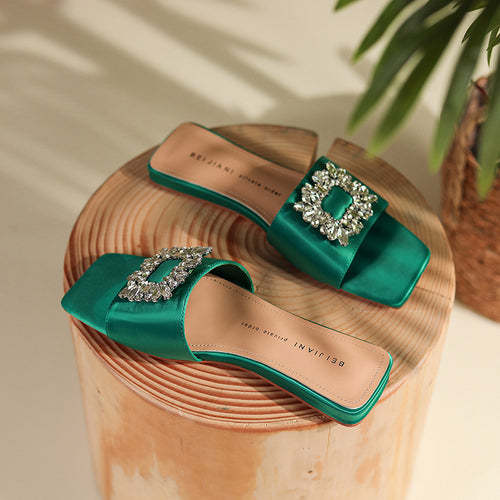 Rhinestone Square Buckle Flat Sandals