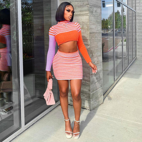 Long Sleeve Striped Sweater Short Skirt