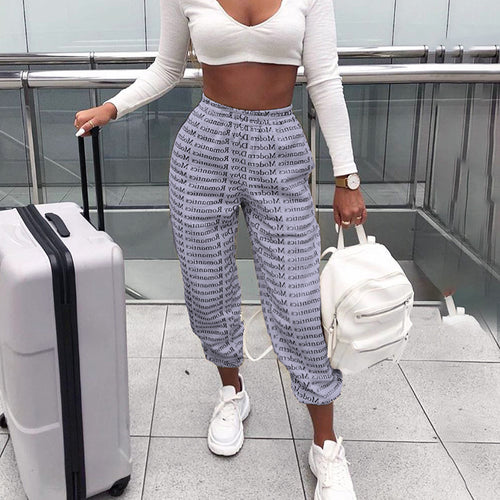 Women's Street Style Print Wide Leg New Letters Print Tie-Up Pants