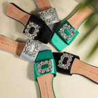 Rhinestone Square Buckle Flat Sandals