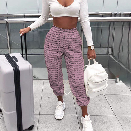 Women's Street Style Print Wide Leg New Letters Print Tie-Up Pants