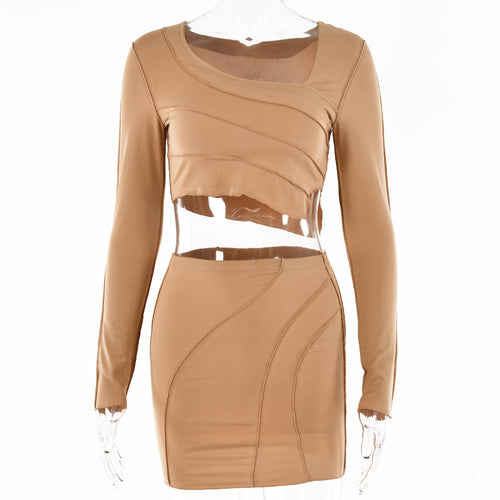 Hollow Pleated Sexy Long-sleeved Tight-fitting Irregular Two-piece Short Skirt