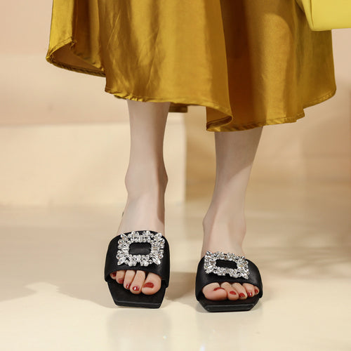 Rhinestone Square Buckle Flat Sandals