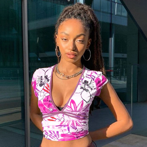 Retro Print Short V-neck Tie Short-sleeved Blouse Women