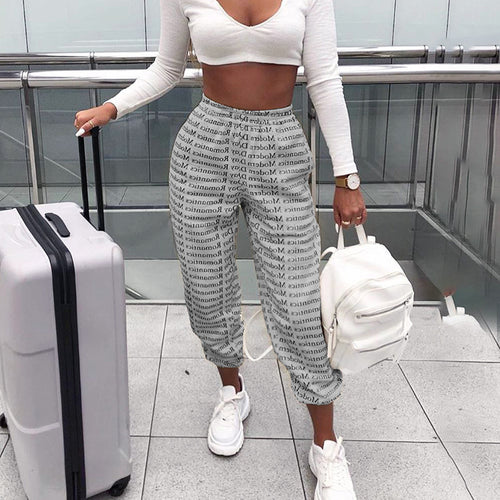 Women's Street Style Print Wide Leg New Letters Print Tie-Up Pants