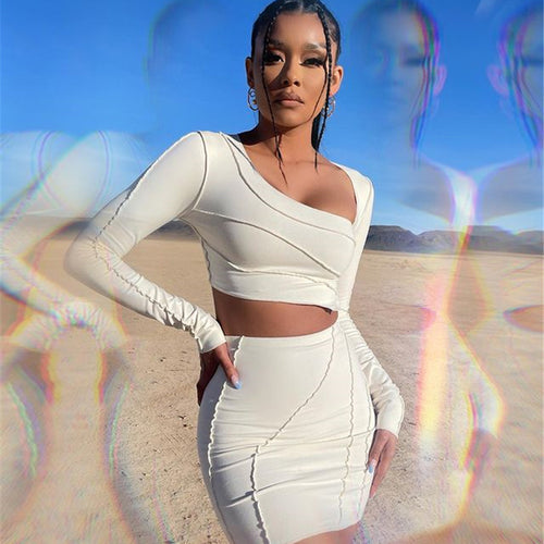 Hollow Pleated Sexy Long-sleeved Tight-fitting Irregular Two-piece Short Skirt