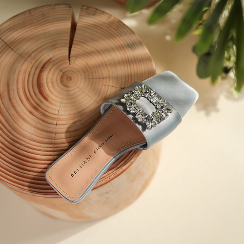 Rhinestone Square Buckle Flat Sandals