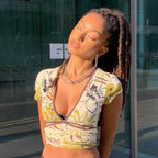 Retro Print Short V-neck Tie Short-sleeved Blouse Women