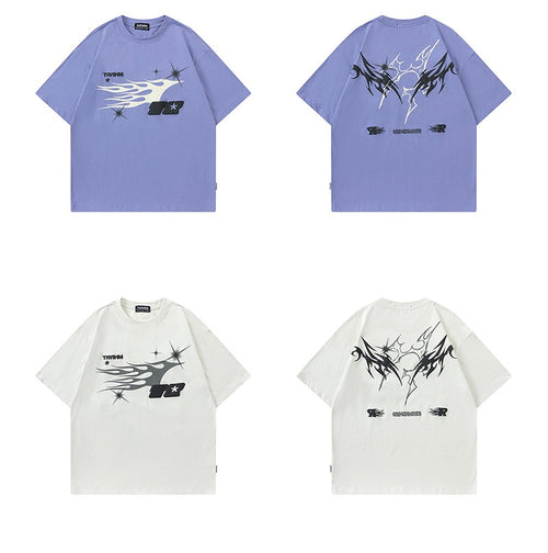 High Street Niche National Fashion Painting Lightning Theme Design Drop Shoulder Short Sleeve T-shirt