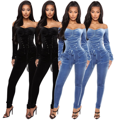 Women's Velvet One-shoulder Strap Slim Fit Jumpsuit