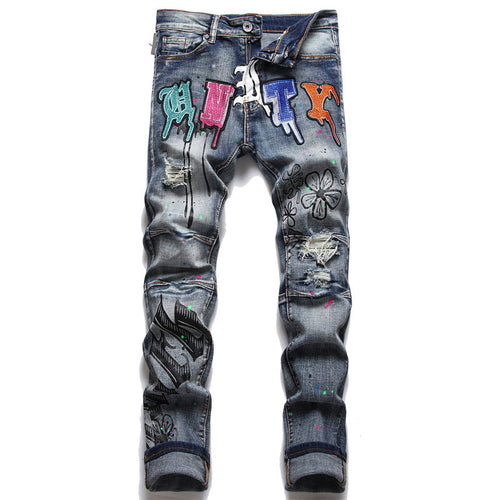 Men's Skinny Stretch Embroidery Printed Tapered Jeans