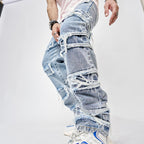 High Street Trousers Man's Pants Full Length Patched Straight Fit Men's Hip Hop Jeans