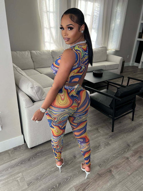 Women's Nightclub Wear Printed Gauze See-through Two-piece Suit