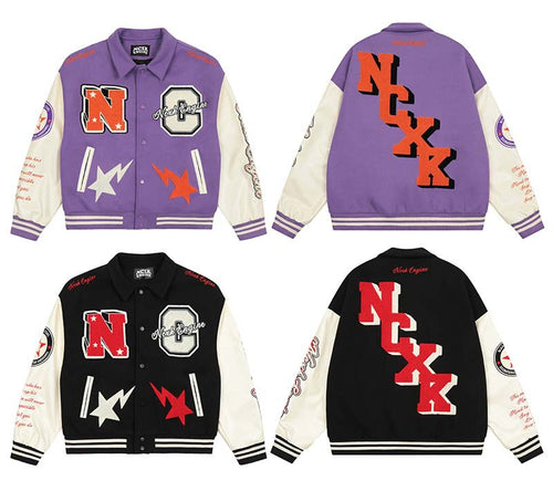 Men's High Street Letter Embroidered Colorblock Lapel Baseball Uniform