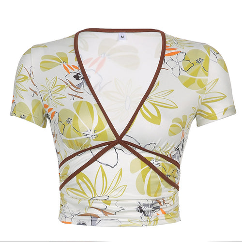 Retro Print Short V-neck Tie Short-sleeved Blouse Women