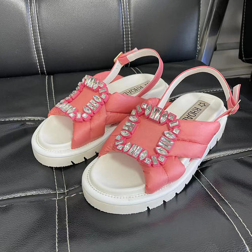 Casual Rhinestone Square Buckle Flat Sandals