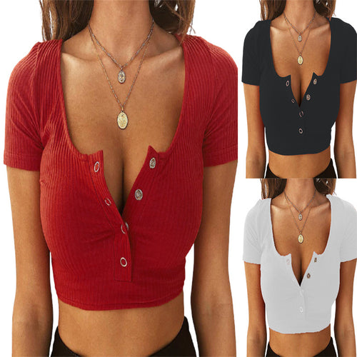 Short-sleeved Button V-neck T-shirt