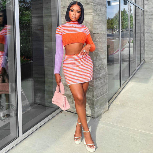 Long Sleeve Striped Sweater Short Skirt